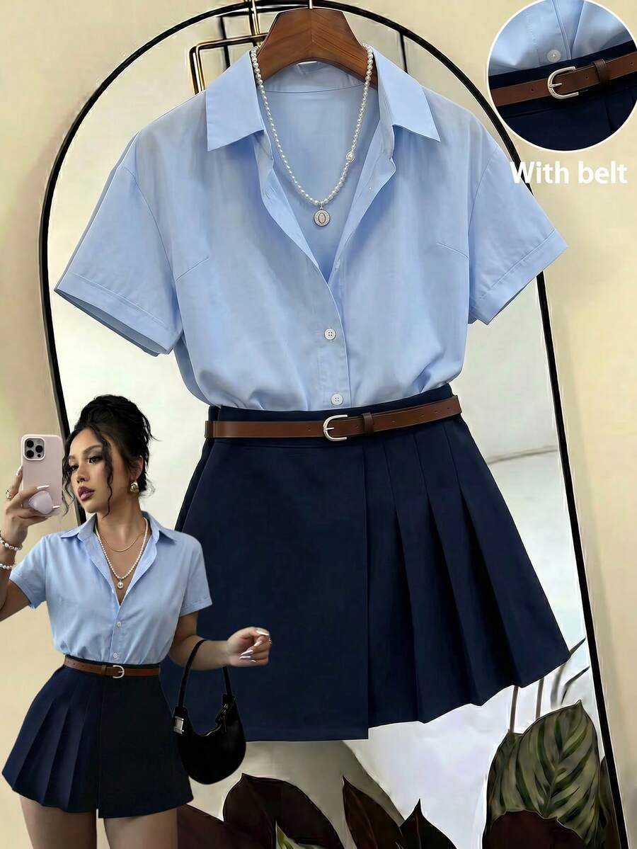 SHEIN Franclia 女士夏季休闲/办公通勤纯色短袖衬衫和系带百褶裙套装 - 藍色 - 查看 1