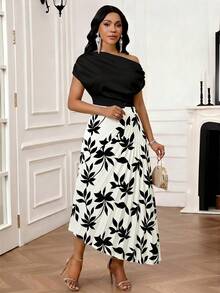 SHEIN Lady Plus Size Women's Asymmetric Neck Leaf Print Color Block Traditional Elegant Party Evening Business Formal Cocktail Dress Black White Summer Wedding - Multicolor - View 5