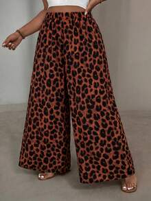 SHEIN VCAY Plus Size Women's Vacation Casual Loose All-Over Leopard Print Wide Leg Long Pants - Orange - View 6