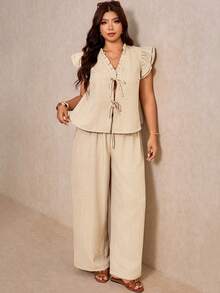 Elaquor Plus Size Women's Ruffle Trim Front Tie Small Flutter Sleeve Blouse And Wide Leg Pants Casual 2 Pieces Set Casual Summer Vacation Daily Two Pieces Set - Apricot - View 6