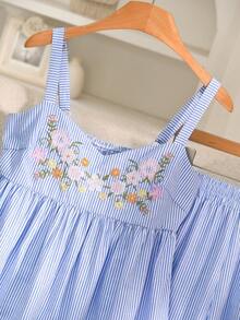 Story & Sage Setelan 2 Potong Wanita Gaya Boho Kasual untuk Liburan di Rumah, Musim Semi dan Musim Panas, Atasan Camisole Bordir dan Celana Pendek Bergaris Biru dan Putih untuk Pantai - Blue and White - View 6