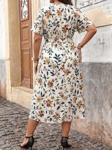 Ceyna Plus Allover Print Belted Wrap Dress, For Christmas Maxi Women Outfit Beach Vacation White Summer Boho - Apricot - View 2