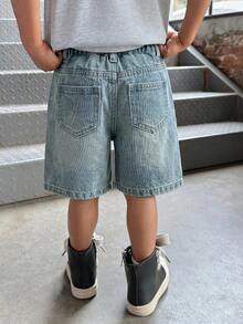 SHEIN Young BoyGlitter Letter Rhinestone Decor Loose Fit Blue Denim Shorts - Light Wash - View 2
