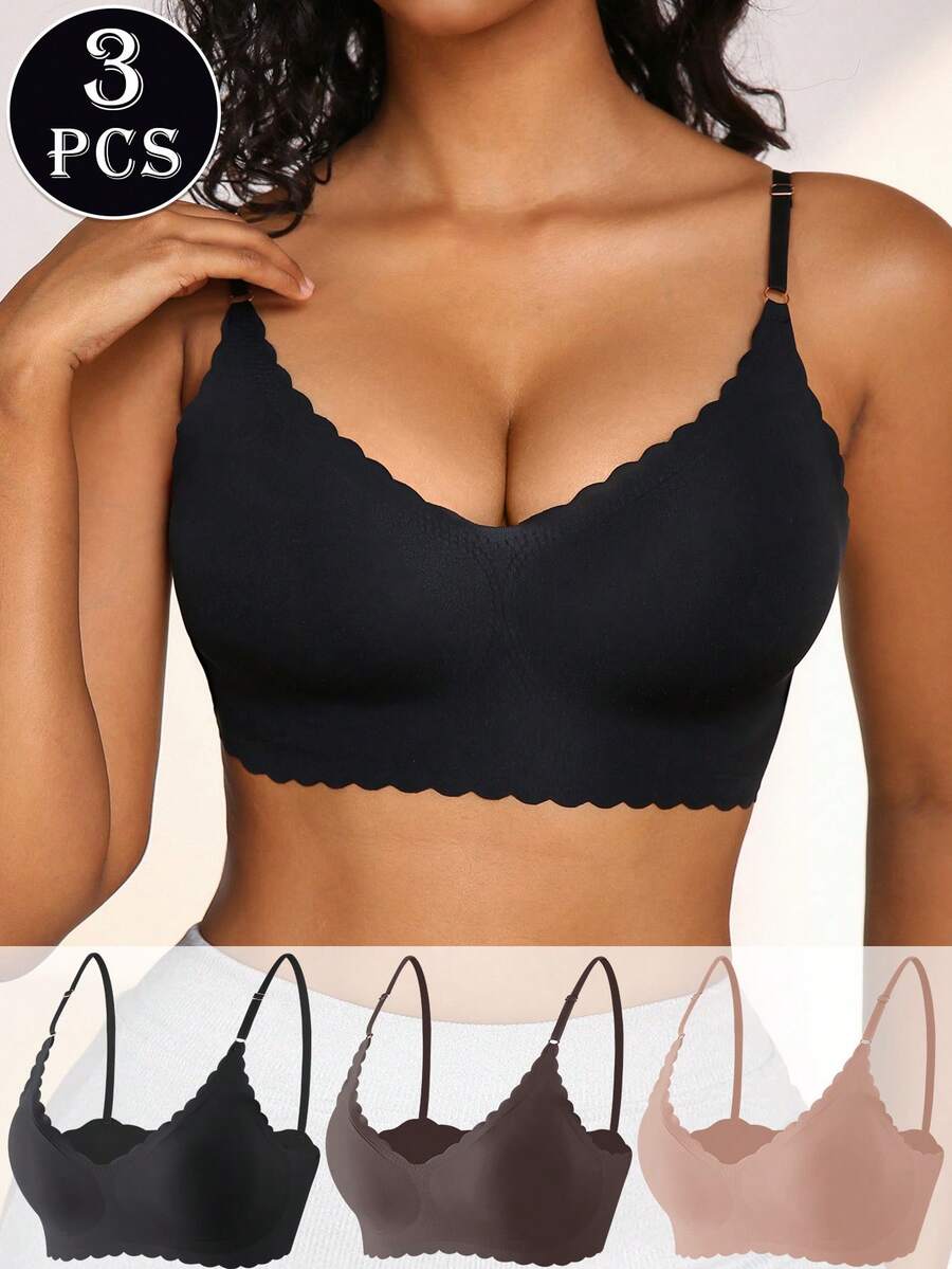 SHEIN Women's Solid Color Seamless Scalloped Edge Bra (3-Piece Set) - Multicolor - View 1