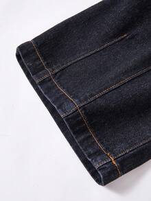 SHEIN Boys' Cool Raw Denim Dark Blue Washed 3/4 Length Mid-Length Jeans, Handsome Streetwear Campus Style With Pressed Line Design, Pleated Design, And Hem Detail Design - Dark Wash - View 4