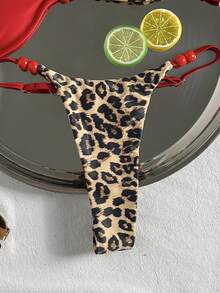 Swim Mod Conjunto de bikini de mujer con tirantes finos, estampado de leopardo con patrón aleatorio y cuentas, primavera/verano - Multicolor - Ver 5