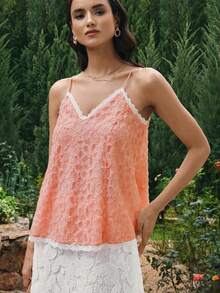 VOLUPTÉ CURVE Plus Size Spring/Summer Pink Floral Lace V-Neck Camisole Top With 3D Texture Ruffle Hem, Sweet Style For Vacation, Date, Birthday Party, Brunch - Dusty Pink - View 8