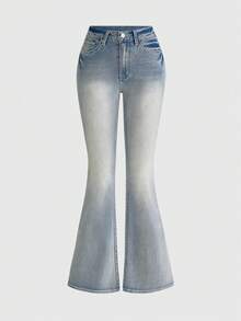 ROMWE Goth Women's Casual Versatile Daily Flare Jeans With Pocket, Button And Rhinestone - Baby Blue - View 2