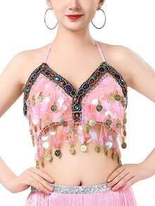 1PC Colorful Sequin Wrapped Belly Dance Costume, A Hanging Coin Stage Performance Dance Costume With Sequin Tassel Top - Multicolor - View 9