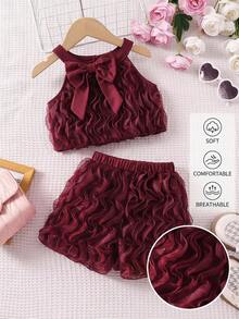 SHEIN 度假季節 4-7 歲女孩 扶桑花海灘夏季時尚掛脖上衣 & 短褲 2 件套 - 玫紅色 - 查看 8