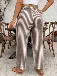 SHEIN VCAY Plus Size Women's Striped Drawstring Waist Casual Versatile Daily Outing Long Pants Fall - Multicolor - View 2