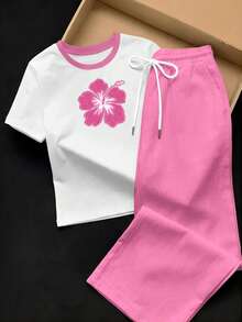 SHEIN Essnce 2件組刺繡圓領短袖上衣與條紋印花長褲，休閒風 - 粉色 - 查看 4
