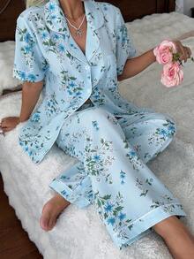 CottageSlumber Floral Print Lapel Short Sleeve Long Pants Pajama Set - Baby Blue - View 6