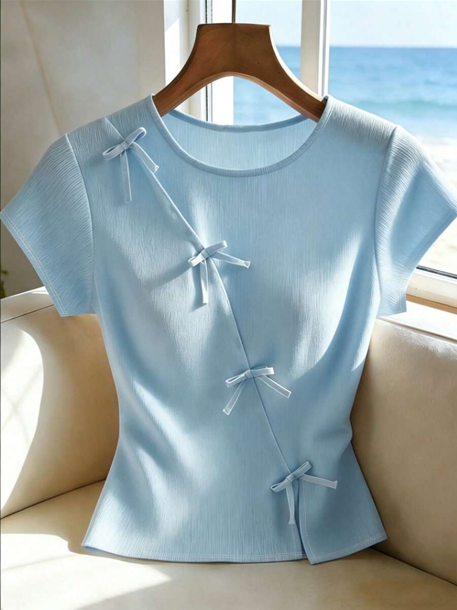 SHEIN Franclia 女款圓領蝴蝶結裝飾短袖T恤,復活節,夏季,女款優雅上衣,度假,通勤上衣,日常 - 藍色 - 查看 1