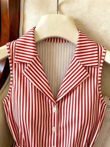 SHEIN Franclia Women's French Elegant Knit, Blue And White Striped, POLO Collar, Button-Up And Tie Design, Elegant Women's Bodysuit, Summer Women's Bodysuit, Summer Outfit, Beach Outfit, Beach Bodysuit, Outing Bodysuit, Women's Vacation Outfit, Vacation Bodysuit, Women's Casual Bodysuit, Summer Women's Bodysuit - Red - View 3