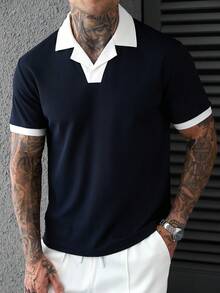 SLATEMANN Men's Summer Casual Colorblock Patchwork Polo Shirt - Navy Blue - View 1