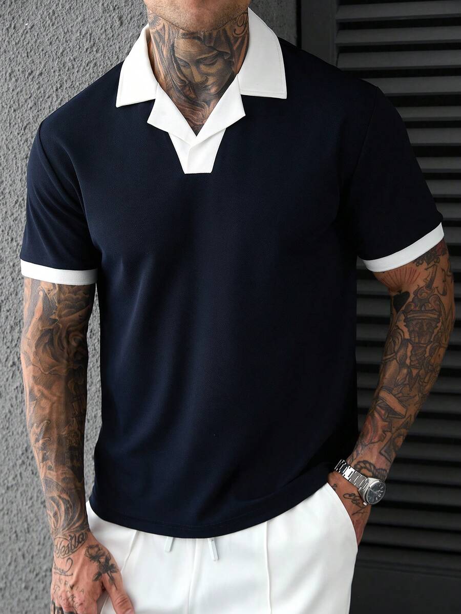 SLATEMANN Men's Summer Casual Colorblock Patchwork Polo Shirt - Navy Blue - View 1