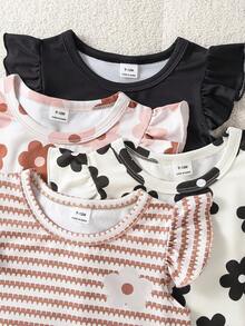 SHEIN Playful Pals 女童夏季甜美花卉荷葉袖套裝，多色可選，荷葉邊印花T恤＋短褲兩件套，親膚韓系嬰幼兒女童服飾 - 棕色 - 查看 4