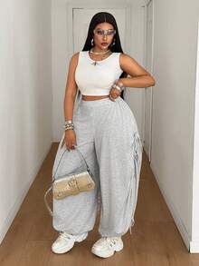 Maweii Pantalones ajustables con cordón lateral y puños para mujer de talla grande - Gris - Ver 4