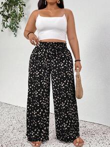 SHEIN PETITE CURVE 大码女式高腰系带印花休闲阔腿裤，夏季 - 黑色 - 查看 8