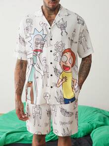Rick and Morty X SHEIN 男士短袖單排扣襯衫與短褲家居服套裝 - 白色 - 查看 5