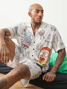 Rick and Morty X SHEIN 男士短袖單排扣襯衫與短褲家居服套裝 - 白色 - 查看 1