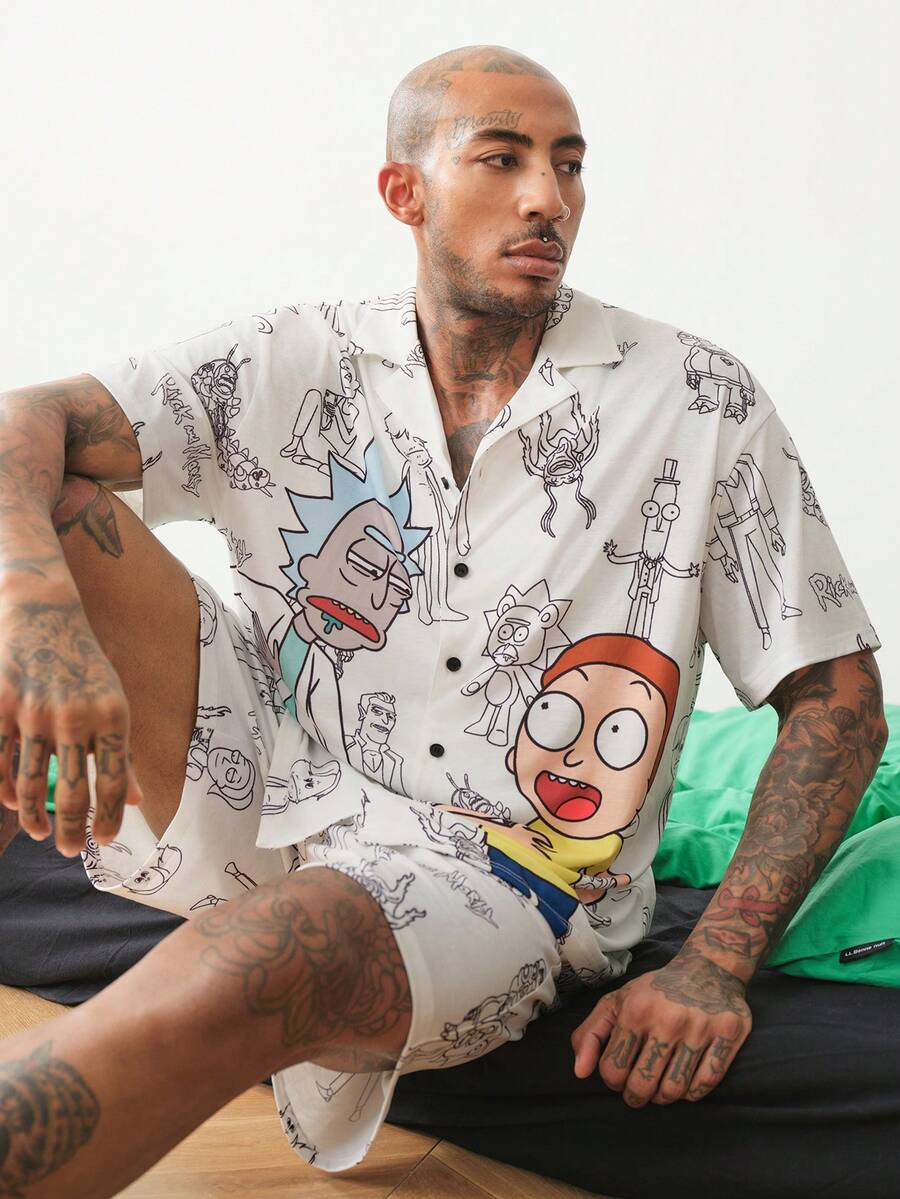 Rick and Morty X SHEIN 男士短袖單排扣襯衫與短褲家居服套裝 - 白色 - 查看 1