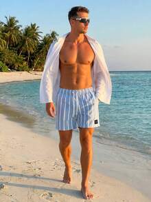 Palasendo Men's Palm Tree & Striped Drawstring Waist Beach Shorts, Holiday - Baby Blue - View 5