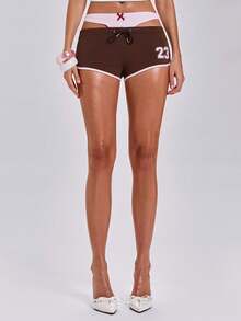 ACID BLVD Spring/Summer Y2K Sporty Girl Streetwear Patchwork Waistband Mini Contrast Color Shorts - Brown - View 9
