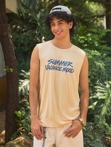 Whitmere 1pc Men's Summer English Text & Palm Tree Print Casual Sleeveless Tank Top - Apricot - View 2