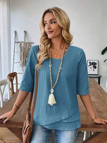 EMERY ROSE Women's V-Neck Hem Patchwork White Blouse,Summer Top - Teal Blue - View 4
