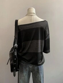 Attitoon Kaos Wanita Kasual Minimalis Garis-garis Hitam & Abu-abu 95% Katun Motif Cetak Penuh Bahu Asimetris Lengan Pendek Potongan Longgar Cocok untuk Musim Semi & Musim Panas - MultiWarna - View 2