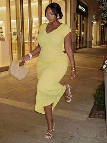 Firerie Plus Size Women's Solid Color Casual Formal Party Vacation Wedding Guest Dress Elegant Graduation Summer Yellow - Yellow - View 4