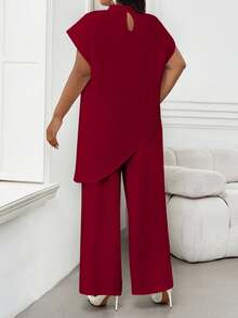 SHEIN Lady 2025 New Plus Size Women Solid Claret Metallic Round Neck Loose Asymmetric Hem Elegant Claret Blouse, Valentine's Day New Year Party Going Out - Burgundy - View 2