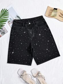 Flirla Plus Size Women's Solid Color Rhinestone Washed Straight Leg Denim Shorts, Casual Normal Versatile For Summer Black - Black - View 1