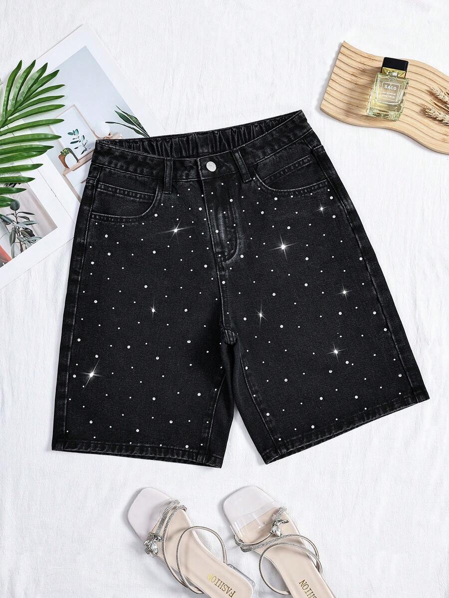 Flirla Plus Size Women's Solid Color Rhinestone Washed Straight Leg Denim Shorts, Casual Normal Versatile For Summer Black - Black - View 1