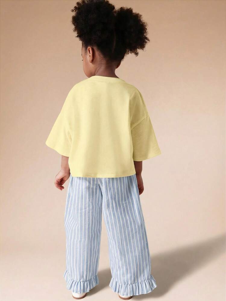 Girls Beach Coast Themed Two Piece Co Ord Set Summer Vacation Shell Print Top Striped Pants Outfit