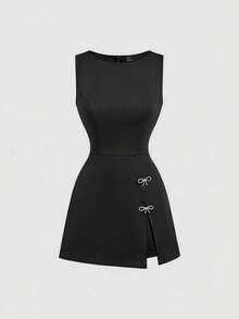 SHEIN MOD Black Boat Neck Split Bow Short Jumpsuit Tea Party Summer Elegant,Women Festival Outfits ,Party,Dresses For Holiday,Office Outfits For Women - Black - View 4