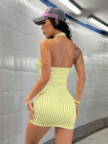 StreetHx English Striped Print Street Style Halter Neck Dress - Yellow - View 2