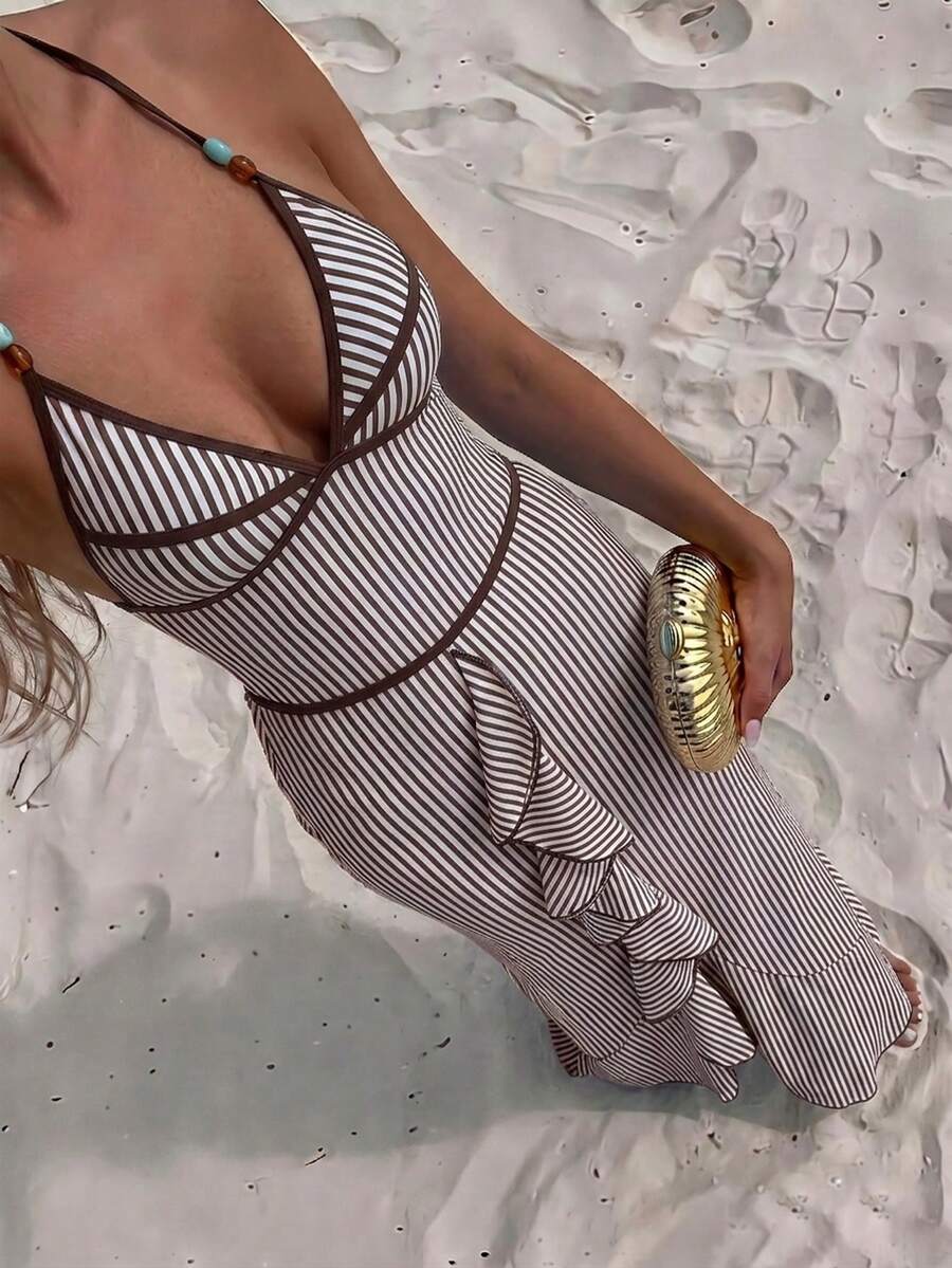 Swim Oasis Premium Striped Print Colorblock Spaghetti Strap Halter One-Piece Swimsuit With Long Striped Skirt 2pcs Set - Coffee Brown - View 1