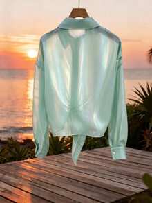 GlowEve 高級幻彩透視雪紡綁帶休閒性感熱帶風女款襯衫 薄荷綠 夏季海灘派對度假穿搭 - 綠色 - 查看 2