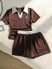 SHEIN Teen Girl Knight Embroidery Pattern Colorblock Short Sleeve T-Shirt And Shorts Casual Daily Set - Burgundy - View 3