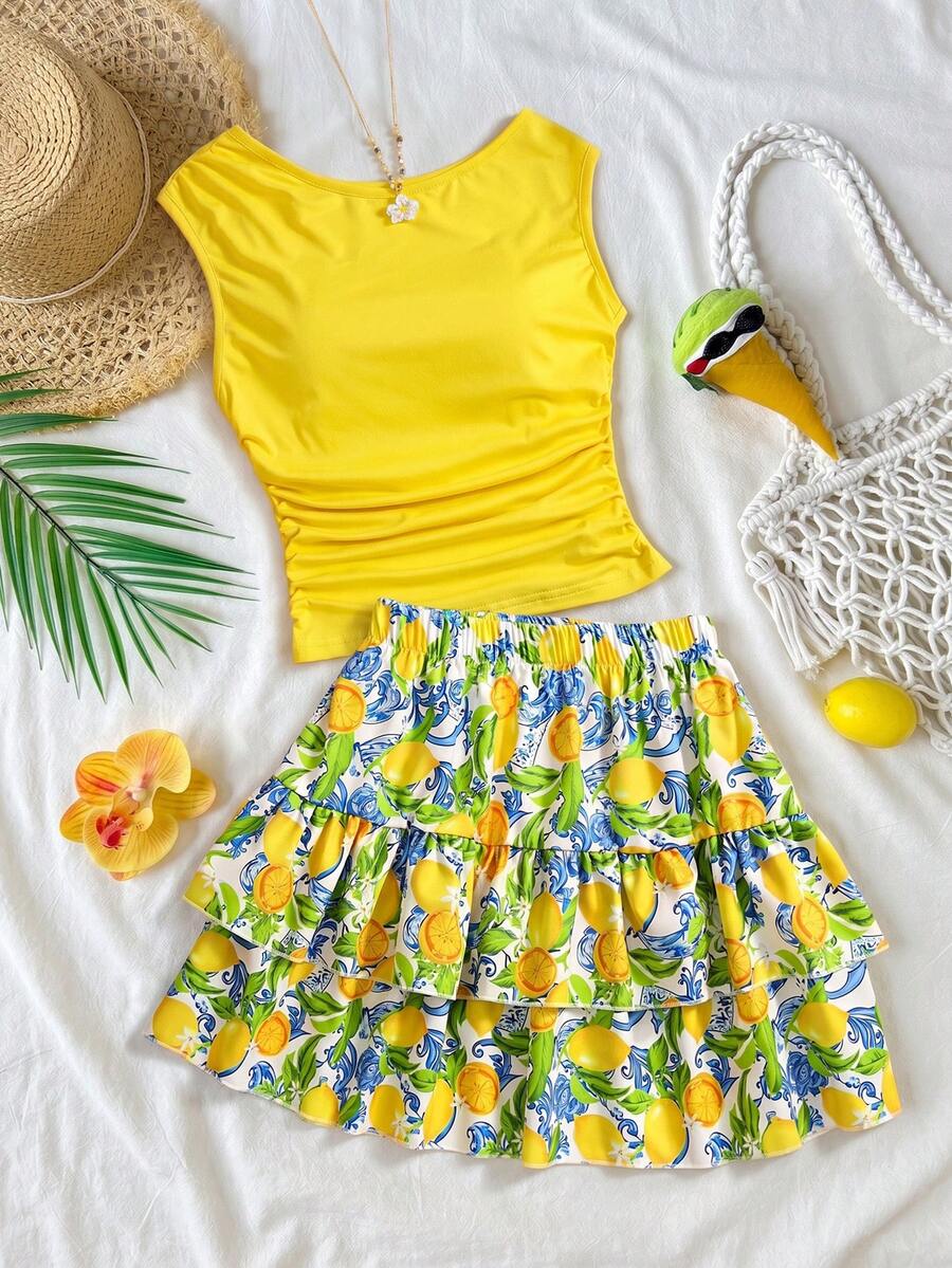 SHEIN Teen Girl Solid Color Pleated T-Shirt And All-Over Print Pleated Skirt Casual Daily Outfit Set - Multicolor - View 1