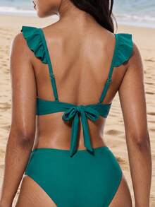 Swim Basics 新款歐美女款性感時尚極簡純色荷葉邊抓皺深V領露背綁帶上衣 - 綠色 - 查看 2