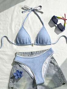 Swim Vcay 女款兩件式泳衣套裝，特殊面料掛脖綁帶露背貝殼設計，夏季度假海灘穿搭 - 彩色 - 查看 3