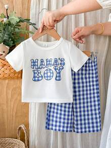 SHEIN Vintaside Kids طقم من قطعتين لملابس الأطفال الأولاد، ملابس علوية قصير الأكمام كاجوال لطيف وبنطال كاروهات، مناسب للصيف والسفر - الأزرق - مشاهدة 5