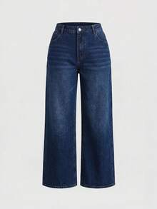 SHEIN MOD Plus Size Women's Pocket Wide Leg Loose Casual Denim Jeans - Dark Wash - View 1