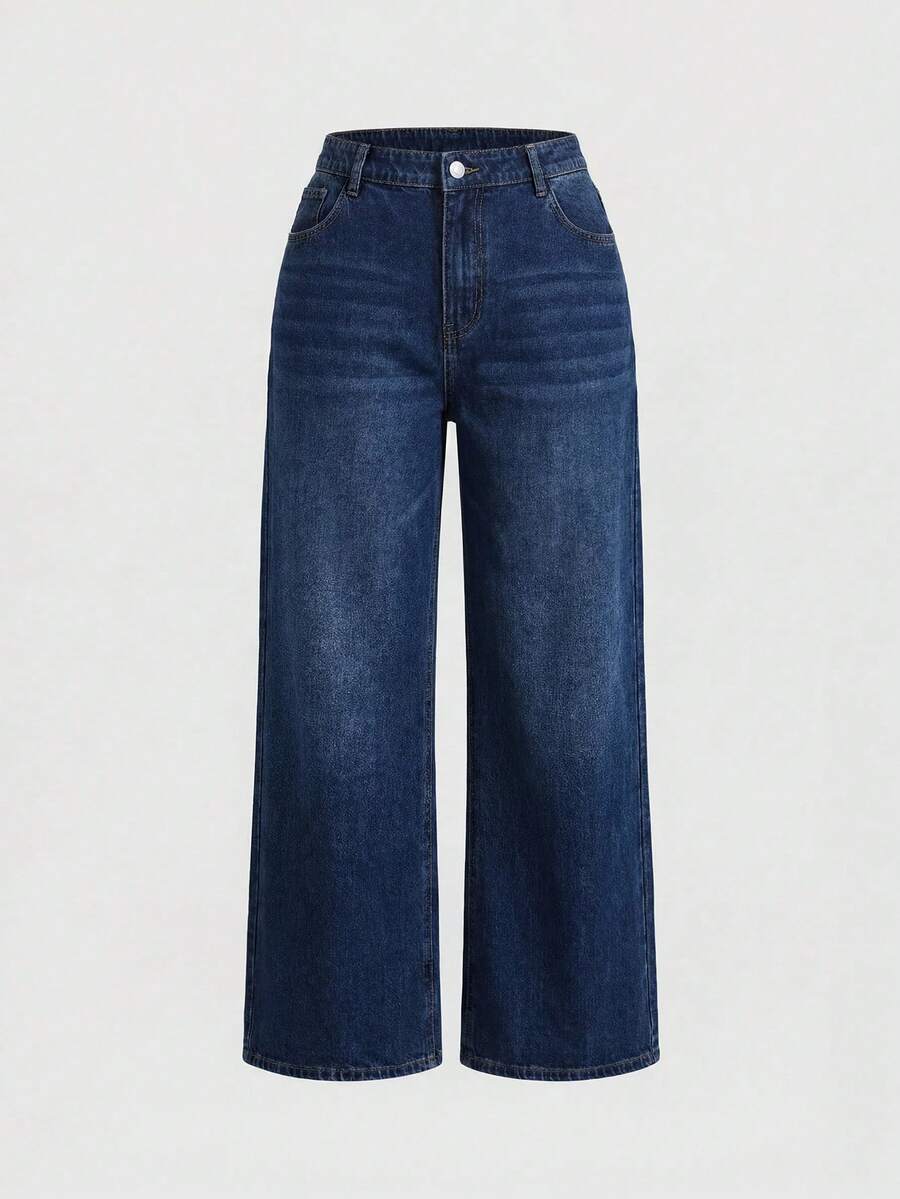 SHEIN MOD Plus Size Women's Pocket Wide Leg Loose Casual Denim Jeans - Dark Wash - View 1