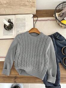 SHEIN LMoss Kids 兒童小男孩麻花編織圓領長袖休閒秋季毛衣 - 灰色 - 查看 3