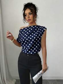 SHEIN Elenzya 女款優雅波點無袖上衣，露肩領垂墜休閒通勤上班上衣，時尚寬鬆版型正式辦公襯衫 - 藏蓝色 - 查看 7